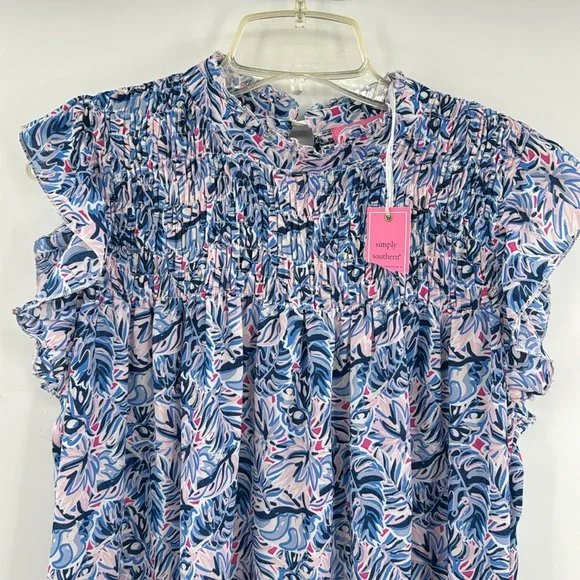 Simply Southern Smock dress-Pink & Blue Leaf Print-Size Large NWT - Picture 3 of 8